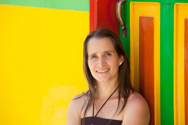 Young Tourist Woman Next One Colorful Doors Guatape Town Region —  Fotos de Stock