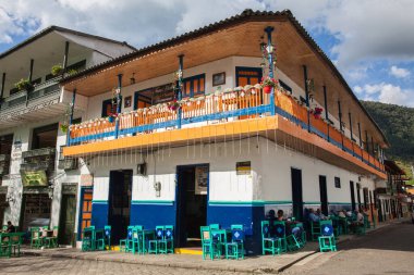 JARDIN, COLOMBIA - NOVEMBER, 2017: Beautiful corner next to the central square at the colonial town of Jardin in the Southwestern Antioquia in Colombia