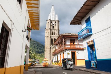 JARDIN, COLOMBIA - NOVEMBER, 2017: View of one of the beautiful streets of the small town of Jardin in the Southwestern Antioquia in Colombia