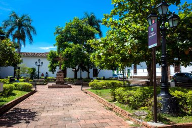 SANTA FE DE ANTIOQUIA, , COLOMBIA - NOVEMBER, 2017: Santa Barbara park at the beautiful colonial town of Santa Fe de Antioquia in Colombia