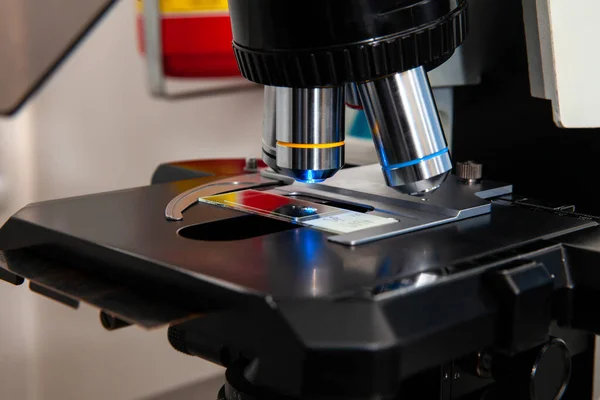 Diasorozatot Fluoreszcens Mikroszkóp Alatt Elemezték Egy Genetikai Laboratóriumban — Stock Fotó