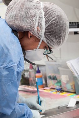 Analiz için parafine gömülecek patoloji laboratuvarında biyopsi örnekleri işliyor. Kanser tanısı konsepti. Tıbbi konsept.