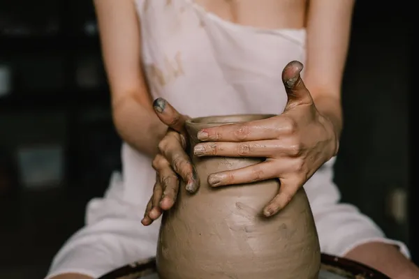 Young Girl White Shirt Makes Pitcher Clay Potter Wheel Pottery — Stock Photo, Image