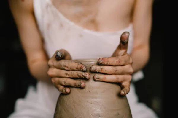 Young Girl White Shirt Makes Pitcher Clay Potter Wheel Pottery — Stock Photo, Image