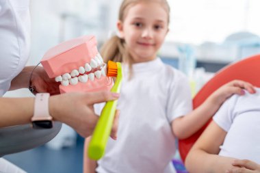 Pediatrik dişçi küçük çocuklara dişlerini nasıl düzgün fırçalayacaklarını gösterir. Çocuklar - bir erkek ve bir kız doktorun ofisinde. Konsept, çocuk dişlerinin sağlığıdır..