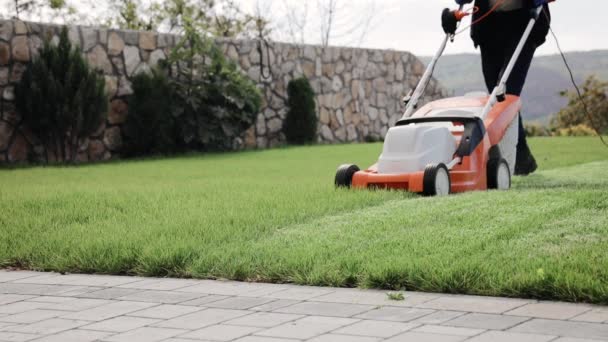 Het proces van het maaien van het gazon met grasmaaier in de herfst rustig weer — Stockvideo