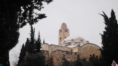 Kudüs, İsrail - Kudüs Uluslararası YMCA. Şehir simgesidir. Kudüs 'ün eski bir kenti, kışın dış mimari.