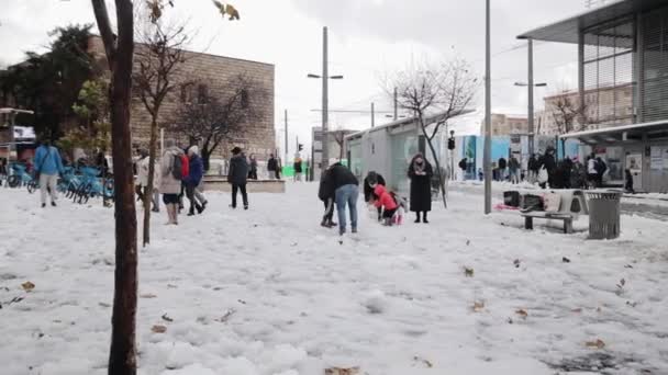 Jerusalem Winter Cars Stuck Snow Due Blizzard January 2022 Jerusalem — 图库视频影像