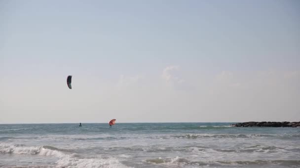 Kimliği belirsiz insanlar denizde uçurtma gibi uçuyor. Ocak 2022 'de Tel Aviv sahilinde çok renkli uçurtmalar sörf ve mavi gökyüzü. — Stok video