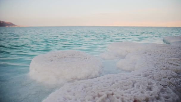 Disparos desde la orilla del mar Muerto en Israel, que es el punto más bajo del mundo y conocido como el punto más rico de sal y minerales — Vídeo de stock
