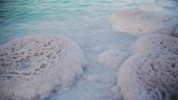 Närbild av salta bergarter atol som är i Döda havet som är den lägsta punkten i världen och känd som den rikaste punkten av salt och mineraler — Stockvideo