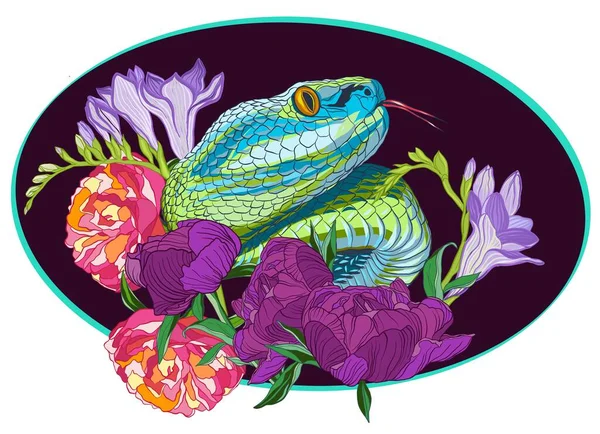 花に蛇 花の間の暗い背景に熱帯のヘビ — ストックベクタ