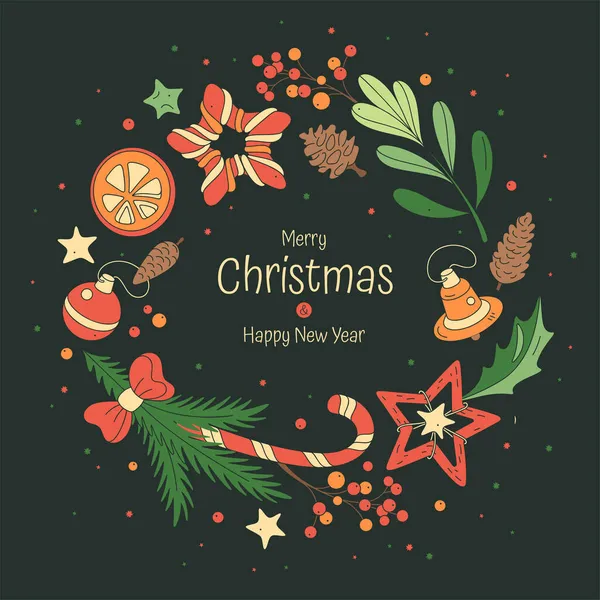 Cadre Avec Symboles Noël Isolé Sur Fond Blanc Illustrations Colorées — Image vectorielle