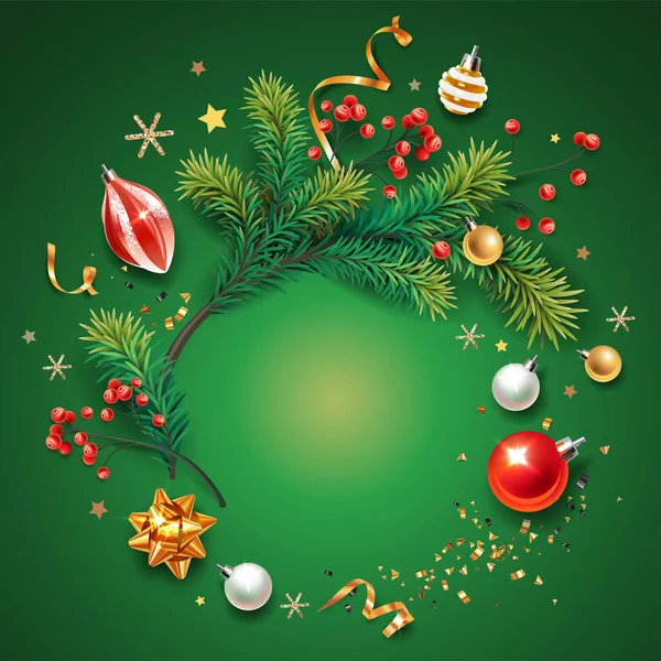 Vierkante Banner Met Kleurrijke Kerstsymbolen Tekst Kerstboom Bessen Ballen Serpentijn — Stockvector