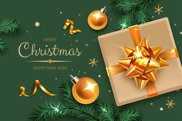 Üzerinde altın Noel sembolleri ve metin olan yatay bir pankart. Noel ağacı, hediye, yeşil arka planda yılan ve kar taneleri.