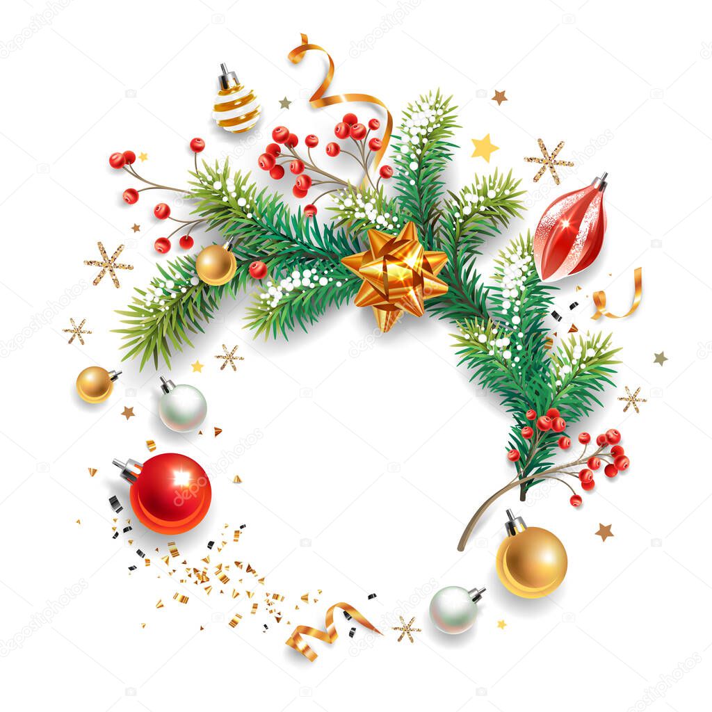 Square banner with colorful Christmas symbols. Christmas tree - fir branches, berries, balls, serpentine and snowflakes on white background.