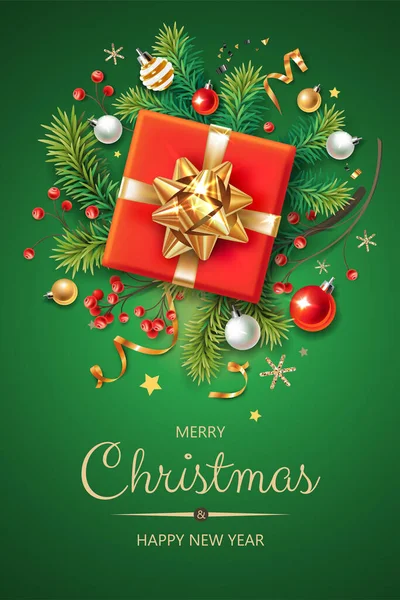 Οριζόντια Σύνορα Πολύχρωμα Χριστουγεννιάτικα Σύμβολα Χριστουγεννιάτικο Δέντρο Κλαδιά Ελάτης Μούρα — Διανυσματικό Αρχείο