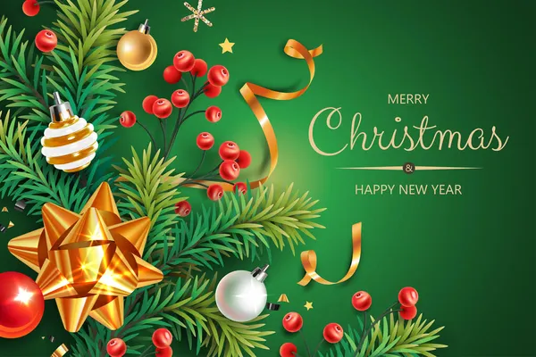 Renkli Noel sembollü yatay afiş. Noel ağacı, böğürtlen, top, yılan ve kar taneleri yeşil arka planda.