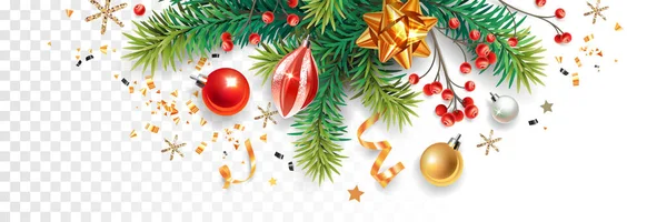 Horizontale Rand Met Kleurrijke Kerstsymbolen Kerstboom Dennenbomen Bessen Ballen Serpentijn — Stockvector