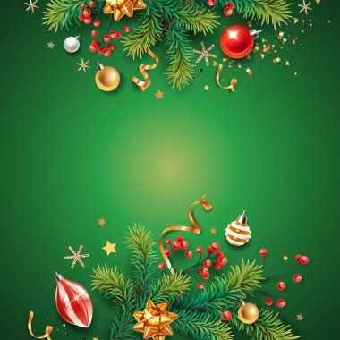 Renkli Noel sembollü yatay afiş. Noel ağacı, böğürtlen, top, yılan ve kar taneleri yeşil arka planda.