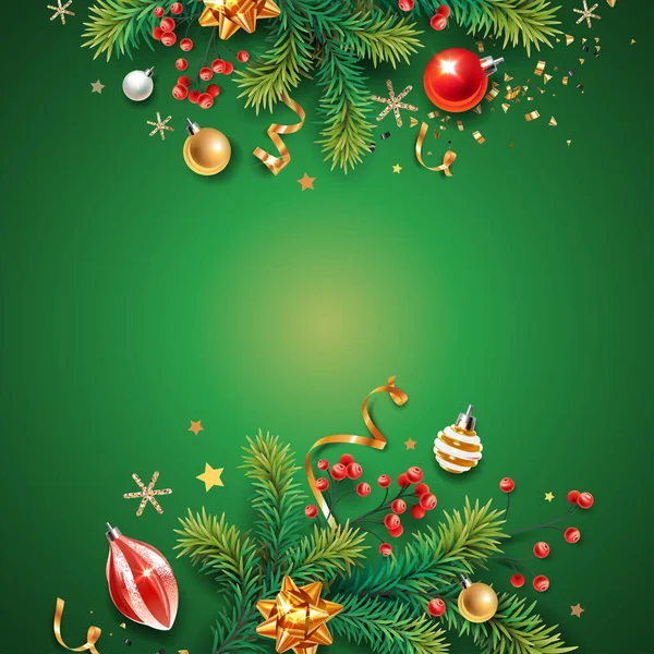 Horizontale Banner Met Kleurrijke Kerstsymbolen Kerstboom Bessen Ballen Serpentijn Sneeuwvlokken — Stockvector
