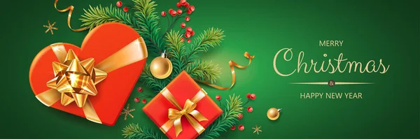 İçinde Noel sembolleri ve metin olan yatay afiş. Noel ağacı, hediyeler, balolar, dekorasyon ve yeşil arka plandaki diğer şenlikli unsurlar.