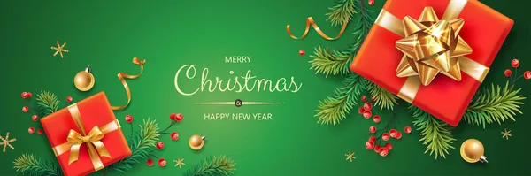 İçinde Noel sembolleri ve metin olan yatay afiş. Noel ağacı, hediyeler, balolar, dekorasyon ve yeşil arka plandaki diğer şenlikli unsurlar.