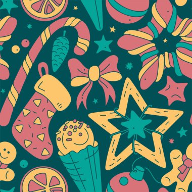 Karanlık arka planda izole edilmiş noel sembolleri olan kusursuz desen. Tatiller için renkli arkaplan şablonu. 