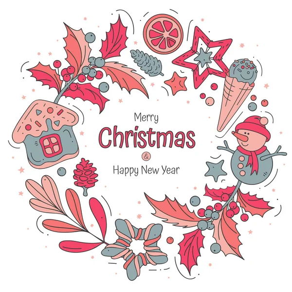 Cadre Avec Symboles Noël Isolé Sur Fond Blanc Illustrations Colorées — Image vectorielle