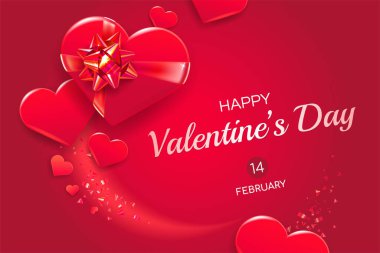 Yatay Sevgililer Günü tebrik kartı şablonu. Kırmızı arka planda izole edilmiş kırmızı hediye kutuları. Tatil sembolleri, kalpler, kurdeleler ve süsler..