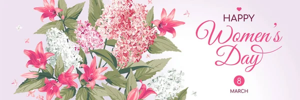 Horizontal March Women Day Greeting Card Template Frame Text Flowers — 图库矢量图片