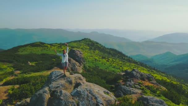 Női turista áll egy sziklán feltartott karral. Gyönyörű táj az ukrán Kárpátok. Napkelte a hegyekben, reggel a hegyekben — Stock videók