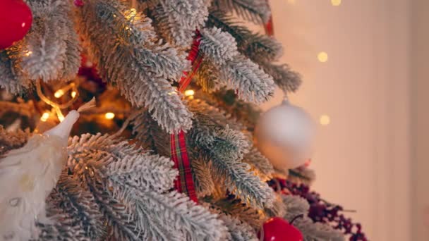 女孩把圣诞树装饰得很近.手把圣诞装饰品挂在圣诞树上. — 图库视频影像