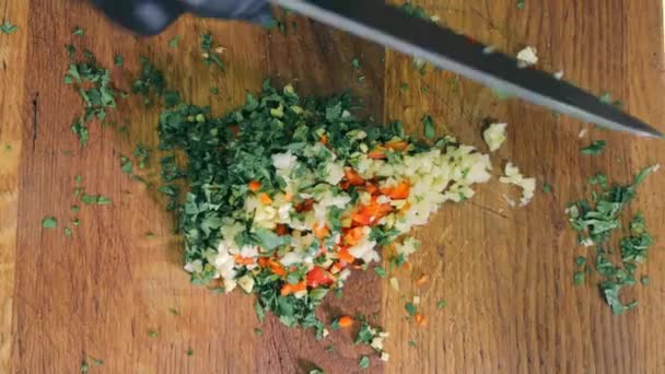 Rör i nyhackade grönsaker och sallads- eller marinadingredienser med kniv. Kocken blandar grönt, persilja, röd paprika och vitlök. — Stockvideo