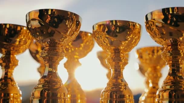 Pokale und Auszeichnungen für Sportler. Becher, die bei Sonnenaufgang von der Sonne beleuchtet werden. Das Konzept von Erfolg, Leistung im Sport. — Stockvideo