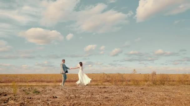Couple of young people in love walking in the field. Girl and boy holding hands walking on the field. Places of happy people. The girl leads the man in front. — Stock Video