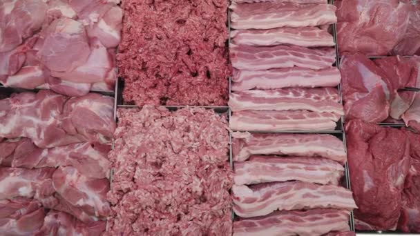 Färskt rått kött i ett skyltfönster. Panorama över köttprodukter i metallbehållare. — Stockvideo