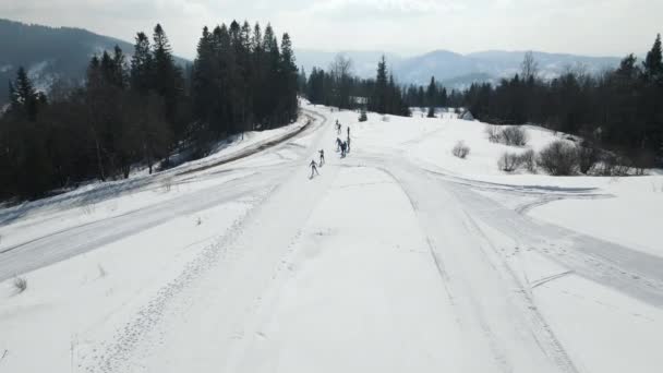 Skiers cross the track during a biathlon marathon in the winter in the highlands. — Stock Video