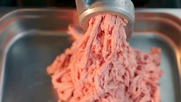 Production of minced meat in industry. Meat combine grinds pieces of meat. — Stock Video