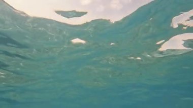 Güneş ışığı suyun altına düşüyor. Su yüzeyindeki su altı dalgaları. Su yüzeyinin sualtı senaryosu, ve denizin dibinden yukarıya bir bakış..