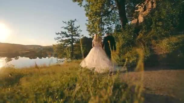 Glückliche Braut in weißem Kleid und Bräutigam gehen die Landstraße entlang, Händchen haltend in der untergehenden Sonne. Rückenansicht des Hochzeitspaares zu Fuß, mit malerischem See und Luftballons im Hintergrund. Konzept der Hochzeit — Stockvideo