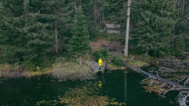 A lonely girl by the lake in a yellow raincoat stands on a wooden pier on a cloudy day. Lonely lonely woman near the lake in the dark forest. — Stockvideo