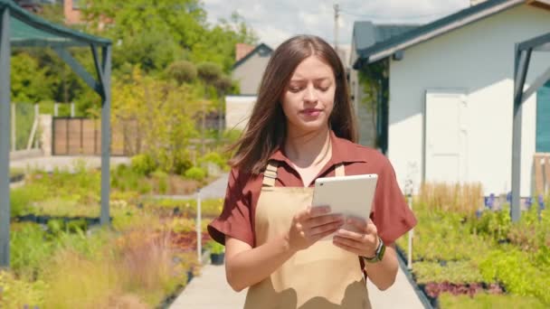 Female Gardener Inspects Garden Growing Herbs Plants Calculation Recording Information — Vídeo de Stock