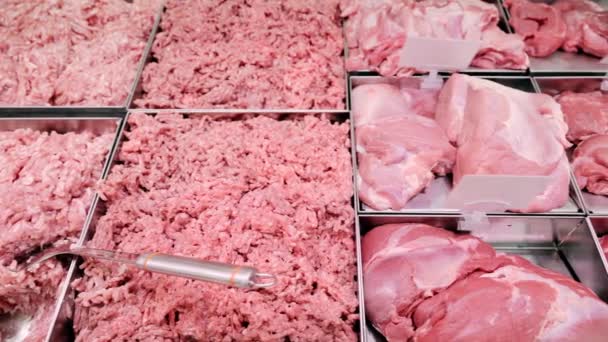 Pork Meat Shop Window Minced Meat Pieces Pork Neck Other — Vídeo de stock