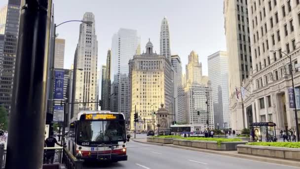 Chicago Usa April 2022 Downtown Chico Bus Standing Bus Stop — Vídeo de stock