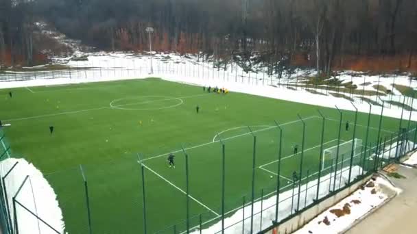 Football Field Winter Birds Eye View Training Warm Running Football — Vídeos de Stock