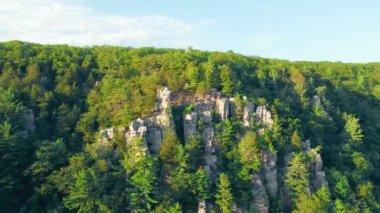 Gökyüzü manzarası. Yeşil ormanda kayalardan ve kaya tırmanışı sporlarından oluşan güzel yüksek kayalar.