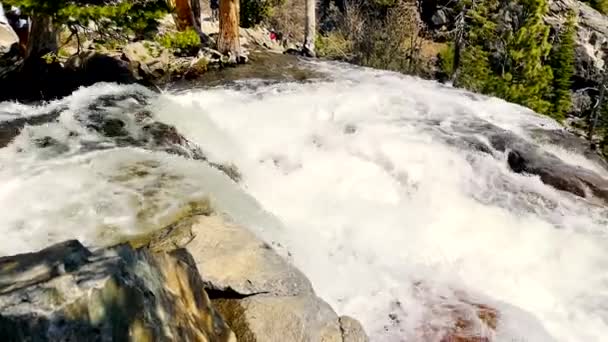 閉じる滝や急いで山の川の上からの眺め 晴れた日の山の川と滝の迅速な水の流れ — ストック動画