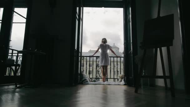 Πίσω Όψη Μιας Σιλουέτας Μιας Γυναίκας Που Στέκεται Στο Μπαλκόνι — Αρχείο Βίντεο