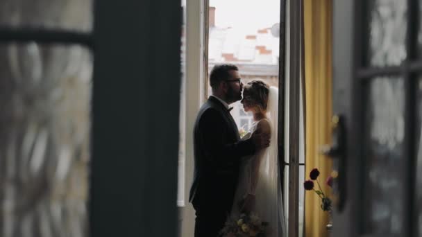 Σιλουέτα Της Νύφης Και Του Γαμπρού Στο Δωμάτιο Κοντά Στο — Αρχείο Βίντεο
